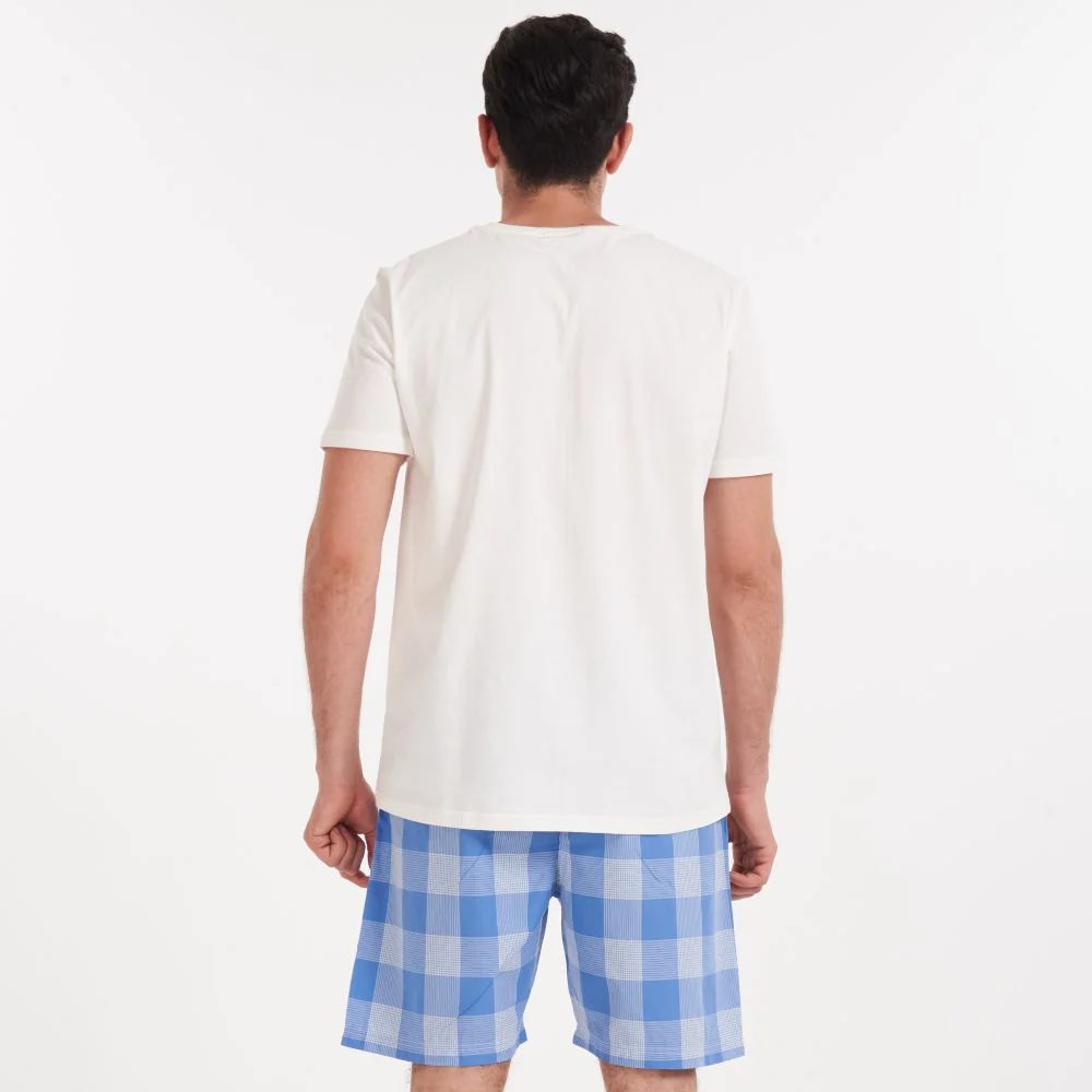 Men summer pajama set Off white v-neck t-shirt + Light blue checkered shorts - Image 3