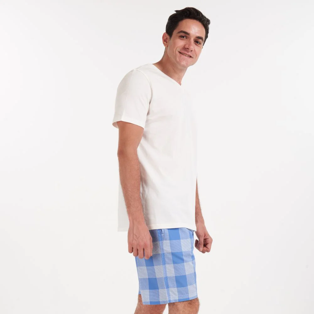 Men summer pajama set Off white v-neck t-shirt + Light blue checkered shorts - Image 4