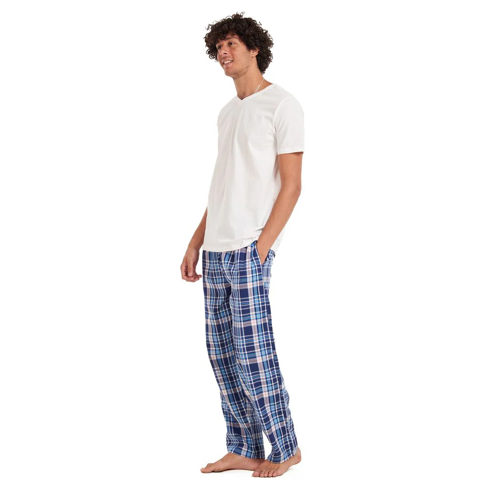 Men summer pajama set Off-white T-shirt + Blue checkered pants - Image 2
