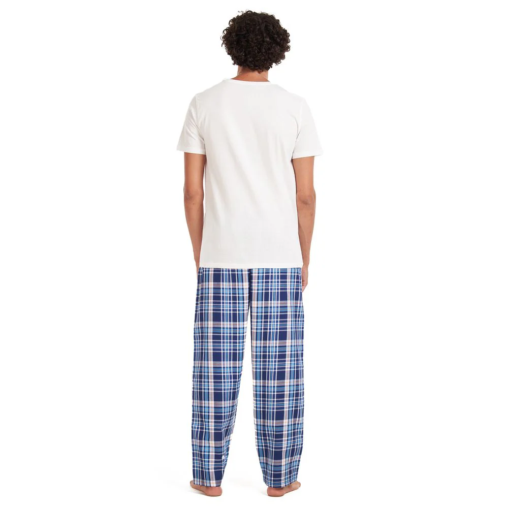 Men summer pajama set Off-white T-shirt + Blue checkered pants - Image 3