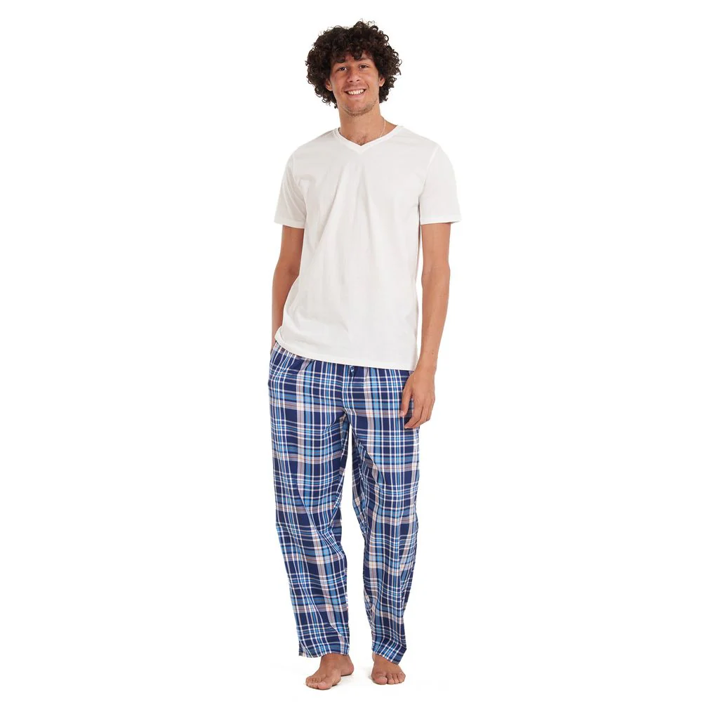 Men summer pajama set Off-white T-shirt + Blue checkered pants - Image 4