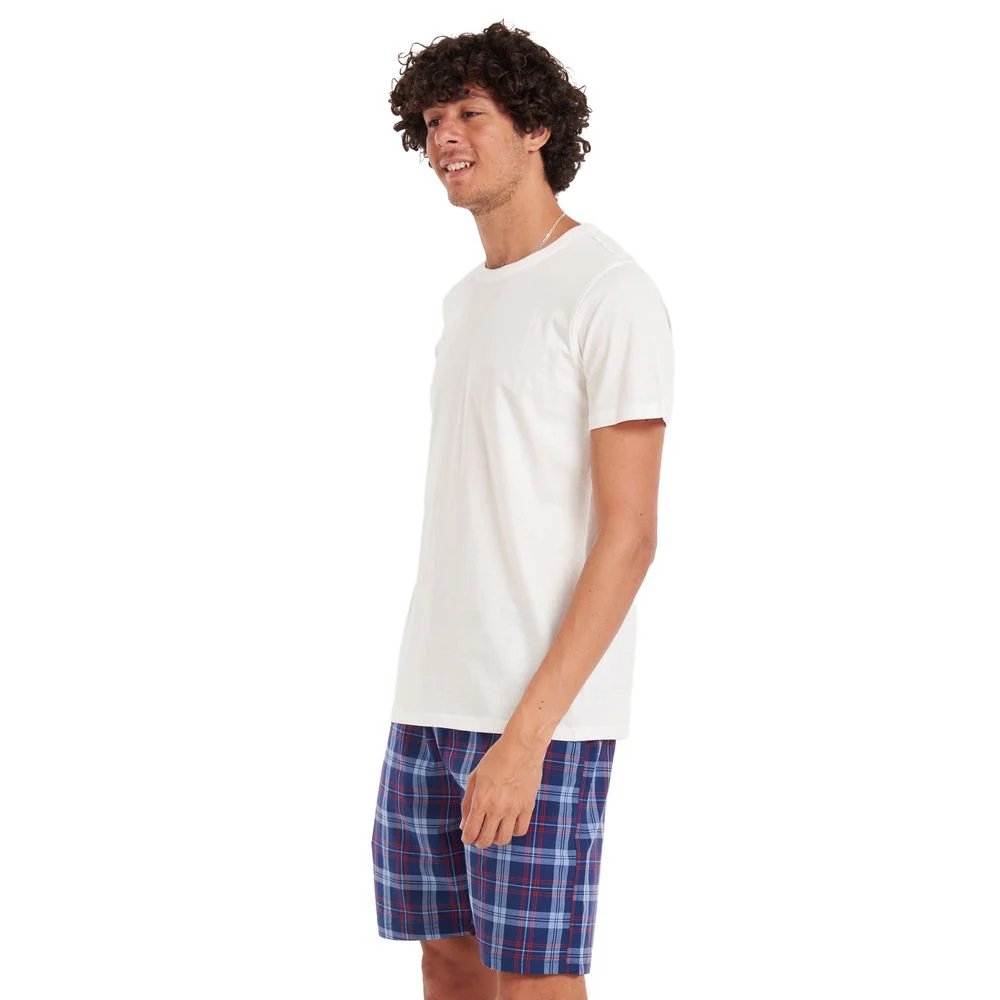 Men summer pajama set Off-white T-shirt + Red × Blue checkered shorts - Image 2