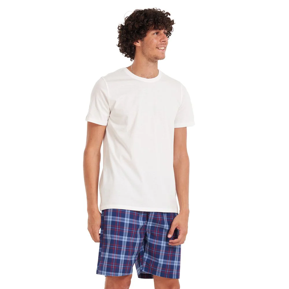 Men summer pajama set Off-white T-shirt + Red × Blue checkered shorts - Image 3