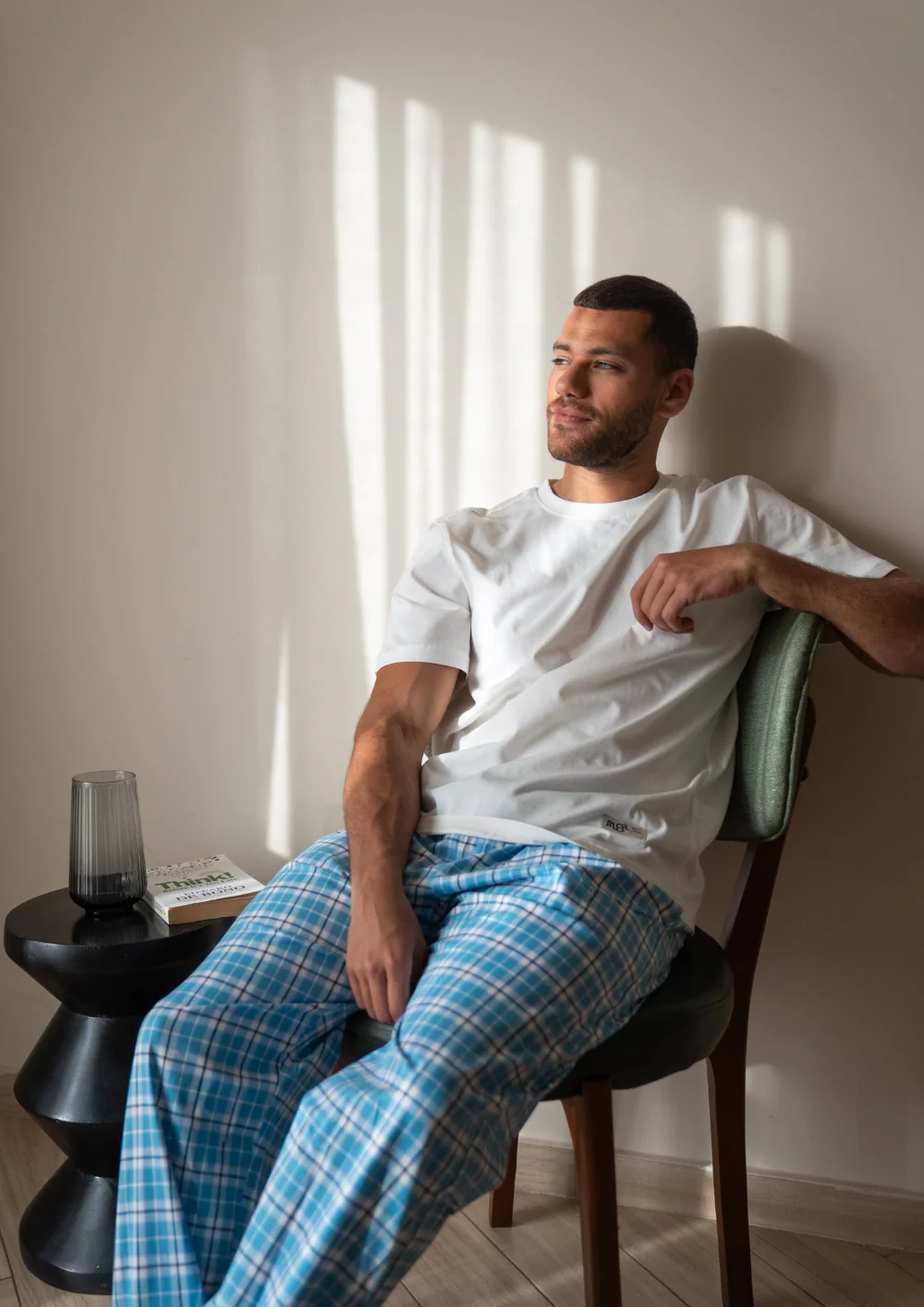 Men summer pajama set Off White T-shirt + Sky Blue Plaid Pants - Image 2