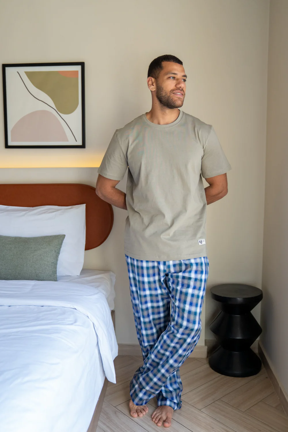 Men summer pajama set Olive T-shirt + Blue X Grey Checkered Pants - Image 3