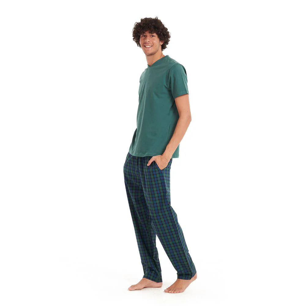 Men summer pajama set Olive T-shirt + Dark blue x olive checkered pants - Image 2