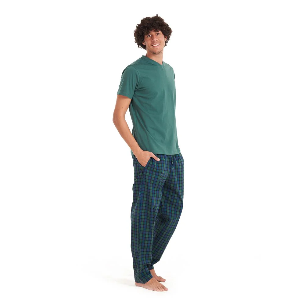 Men summer pajama set Olive T-shirt + Dark blue x olive checkered pants - Image 3
