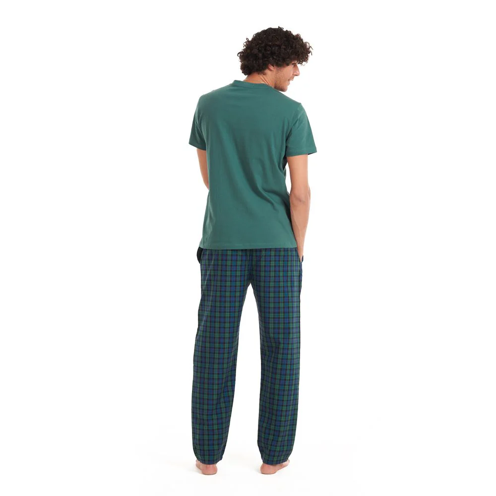 Men summer pajama set Olive T-shirt + Dark blue x olive checkered pants - Image 4