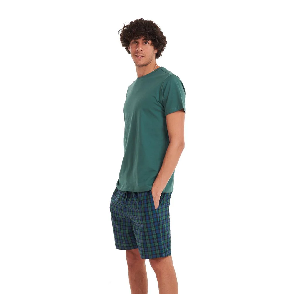 Men summer pajama set Olive T-shirt + Dark blue x Olive checkered shorts - Image 2