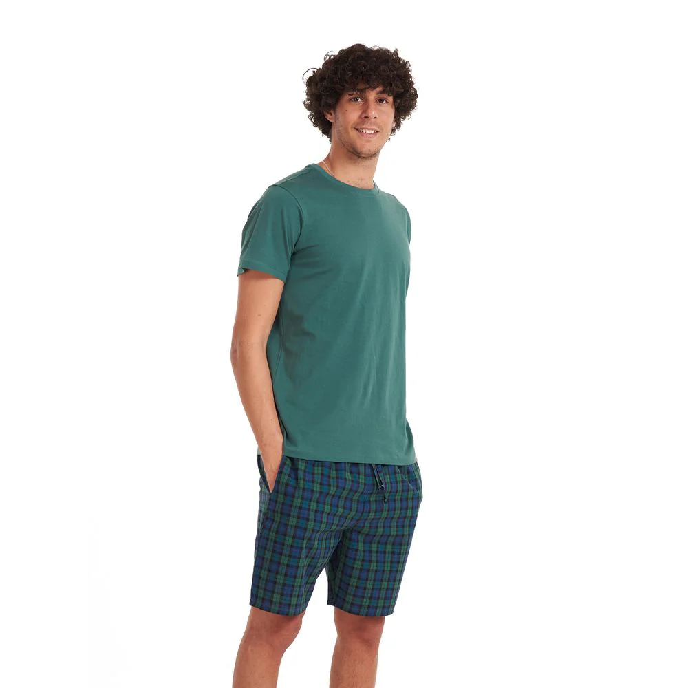 Men summer pajama set Olive T-shirt + Dark blue x Olive checkered shorts - Image 3