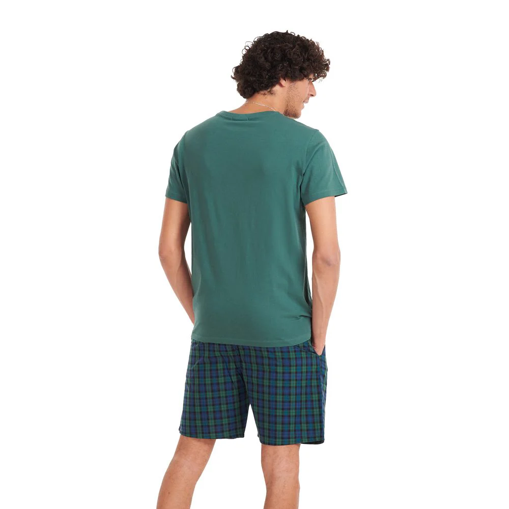 Men summer pajama set Olive T-shirt + Dark blue x Olive checkered shorts - Image 4