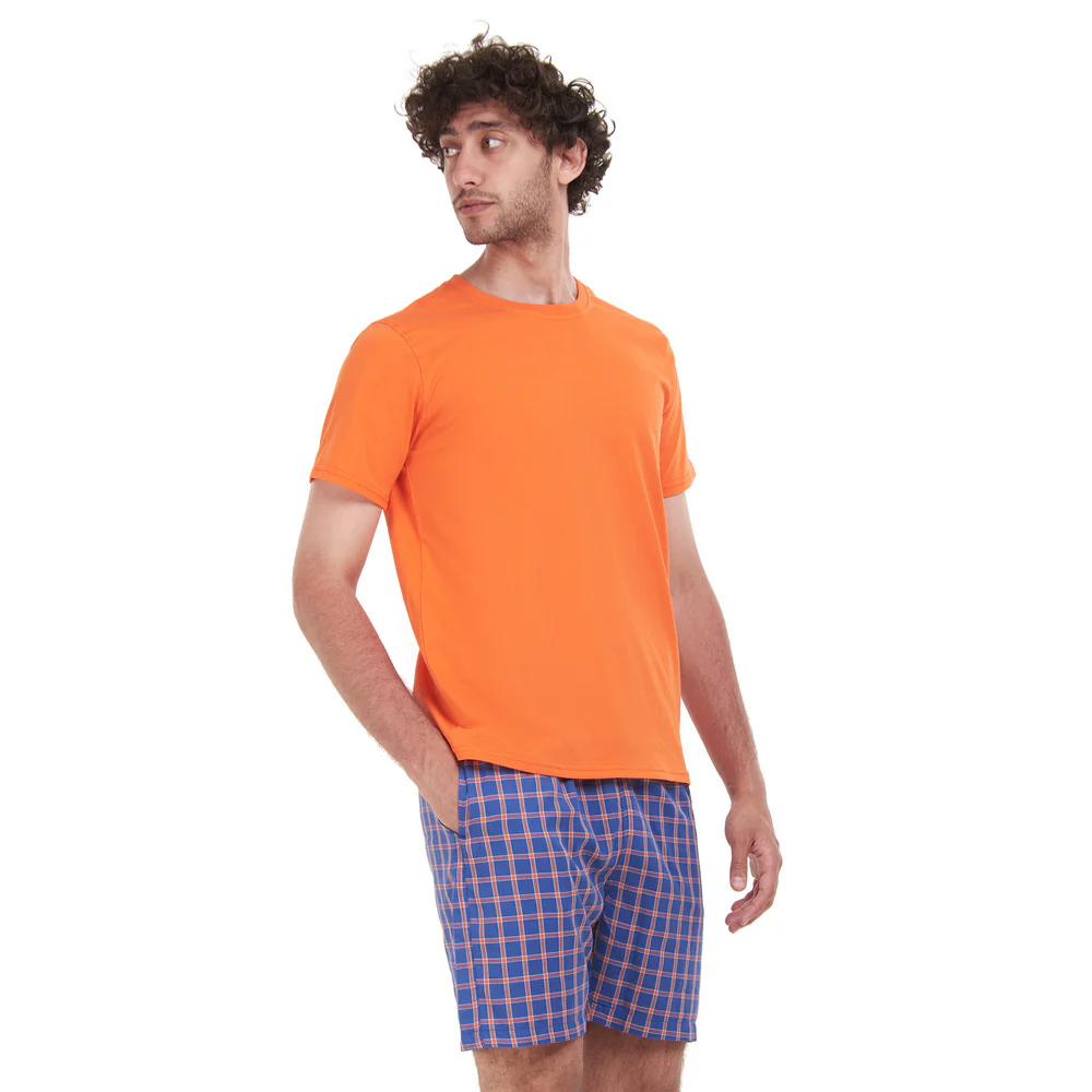 Men summer pajama set Orange T-shirt + Blue x Orange Checkered short - Image 2