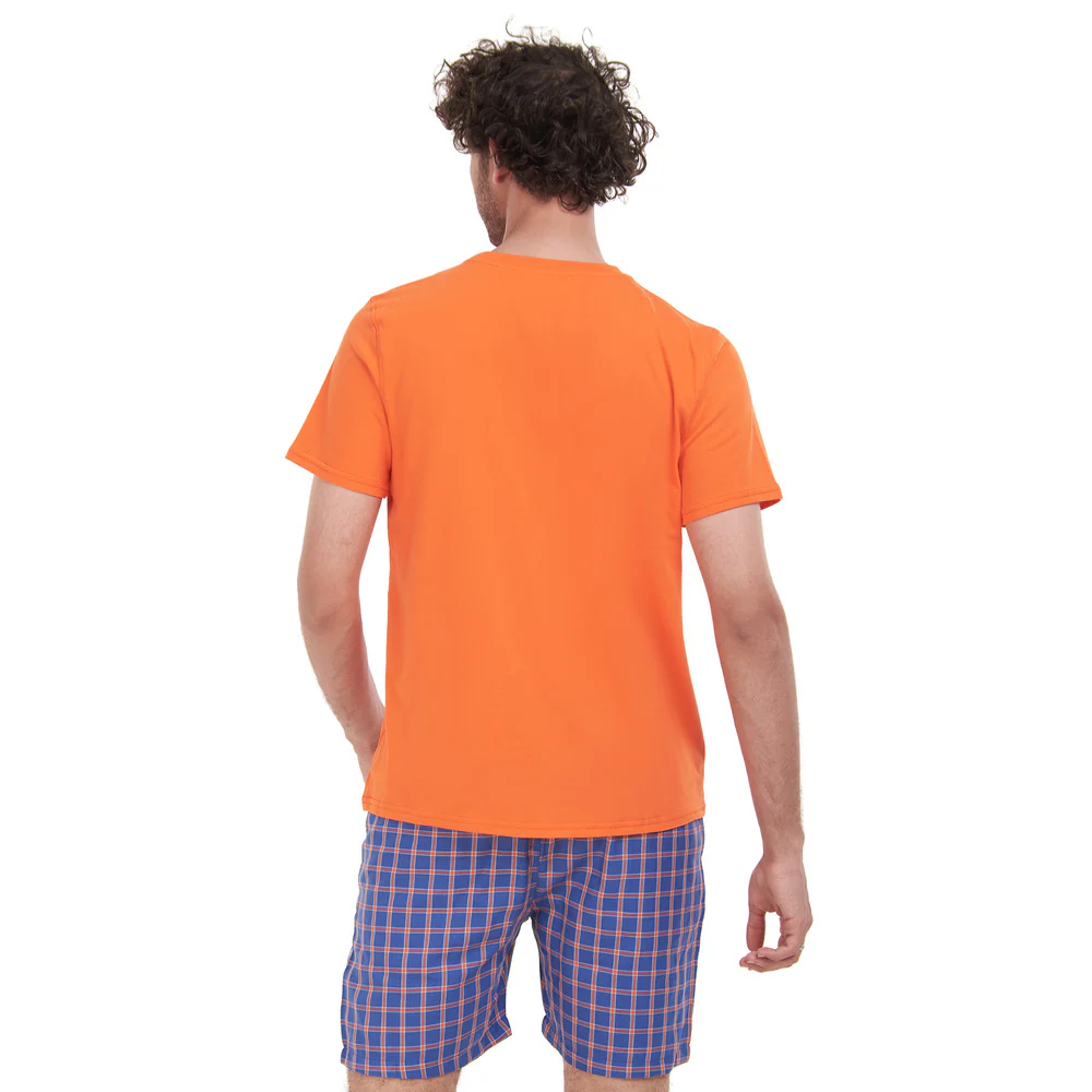 Men summer pajama set Orange T-shirt + Blue x Orange Checkered short - Image 3