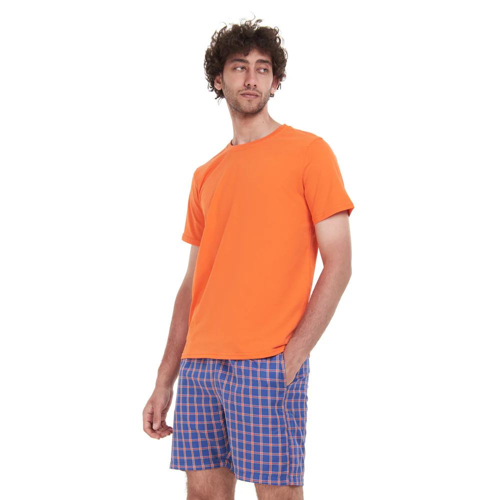 Men summer pajama set Orange T-shirt + Blue x Orange Checkered short - Image 4