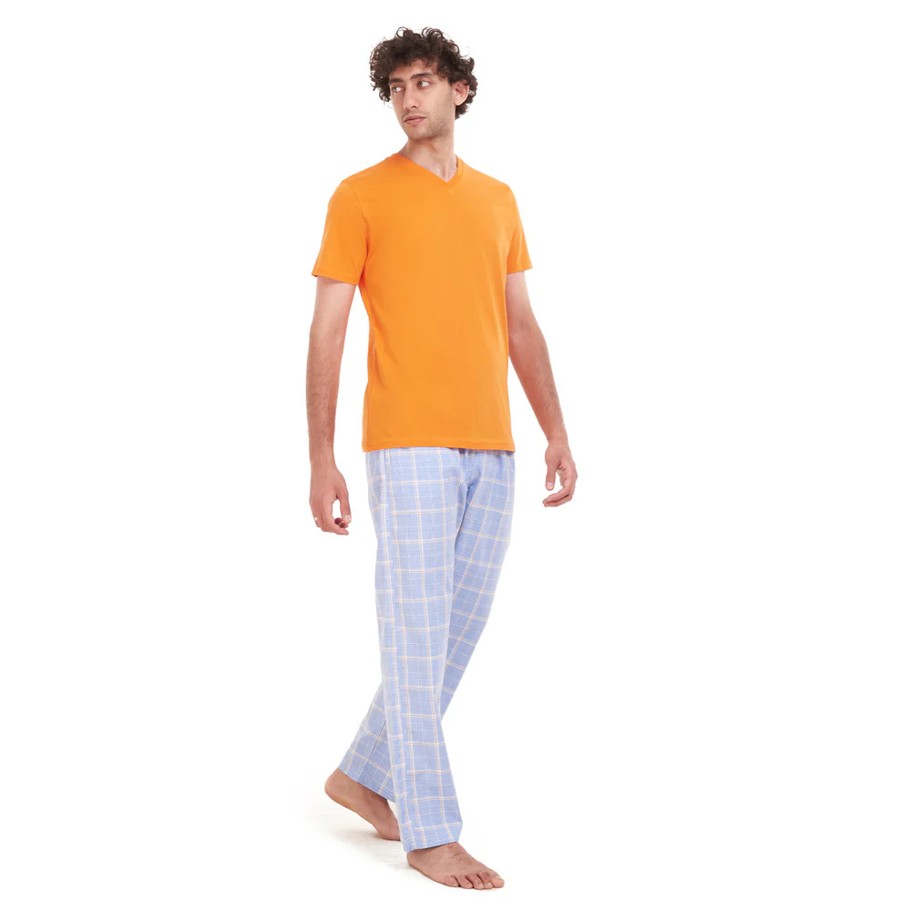 Men summer pajama set Orange T-shirt + Blue x White Checkered pants - Image 2