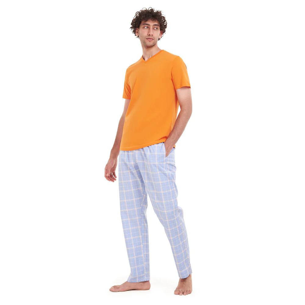 Men summer pajama set Orange T-shirt + Blue x White Checkered pants - Image 3