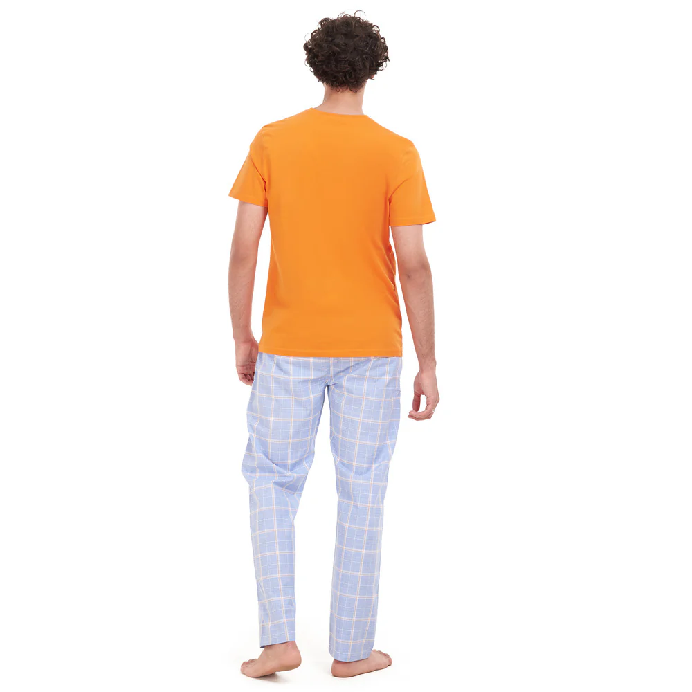 Men summer pajama set Orange T-shirt + Blue x White Checkered pants - Image 4