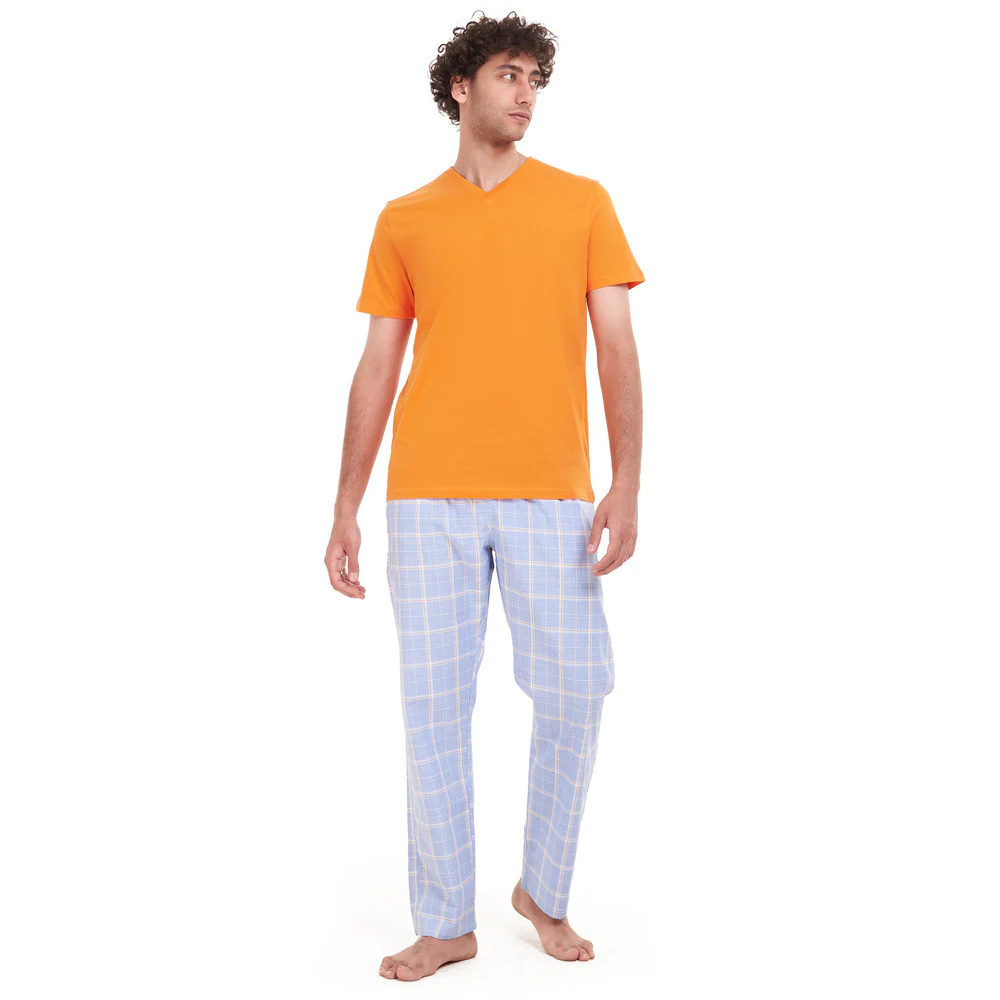 Men summer pajama set Orange T-shirt + Blue x White Checkered pants - Image 5