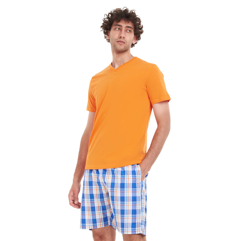 Men summer pajama set Orange T-shirt + Blue x White Checkered short - Image 2