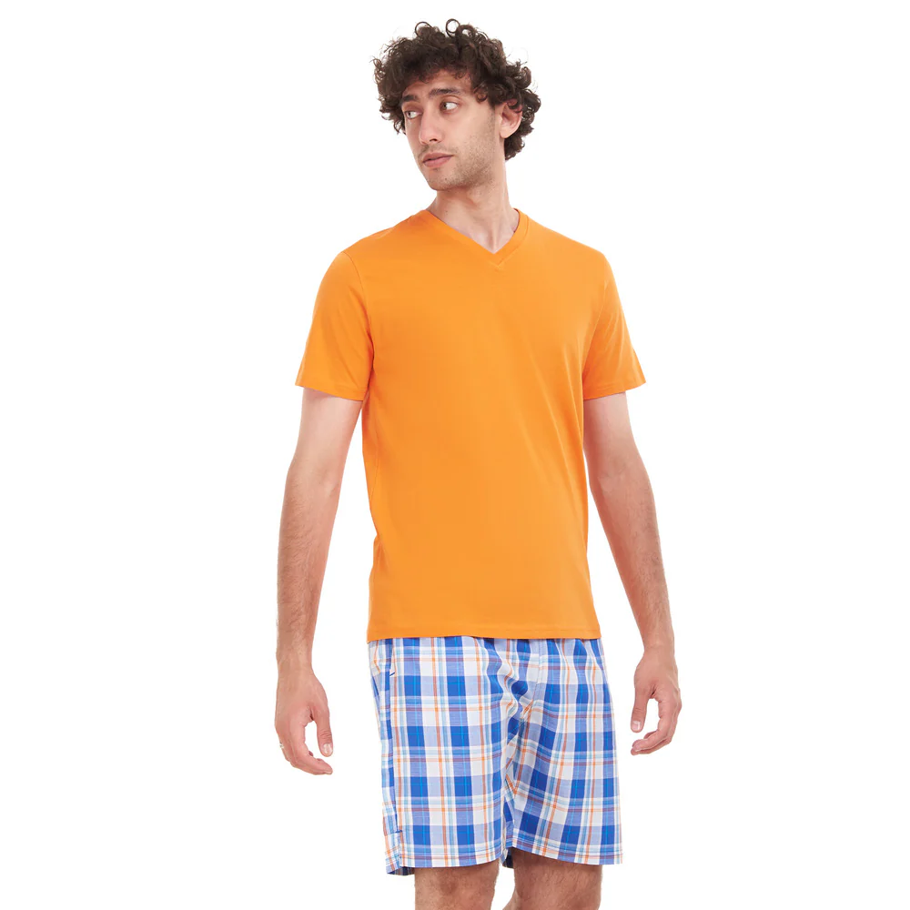 Men summer pajama set Orange T-shirt + Blue x White Checkered short - Image 3