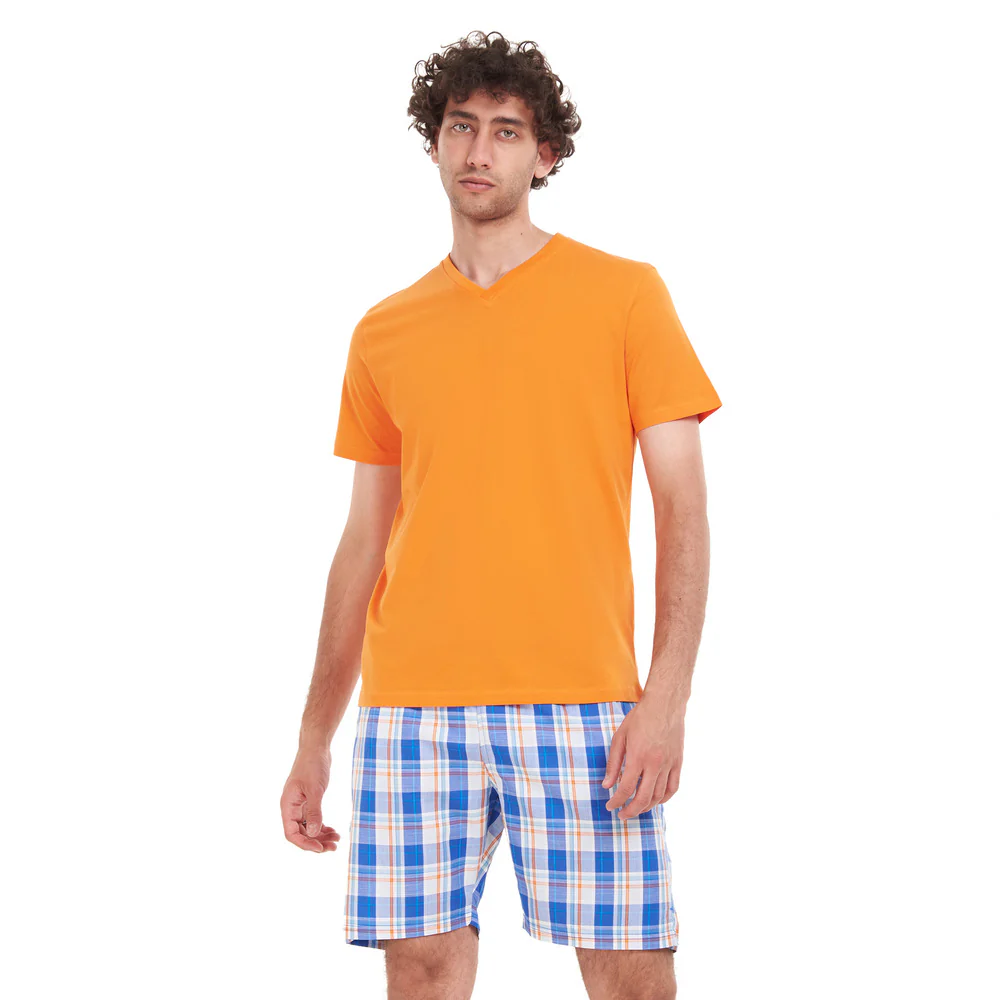 Men summer pajama set Orange T-shirt + Blue x White Checkered short - Image 4