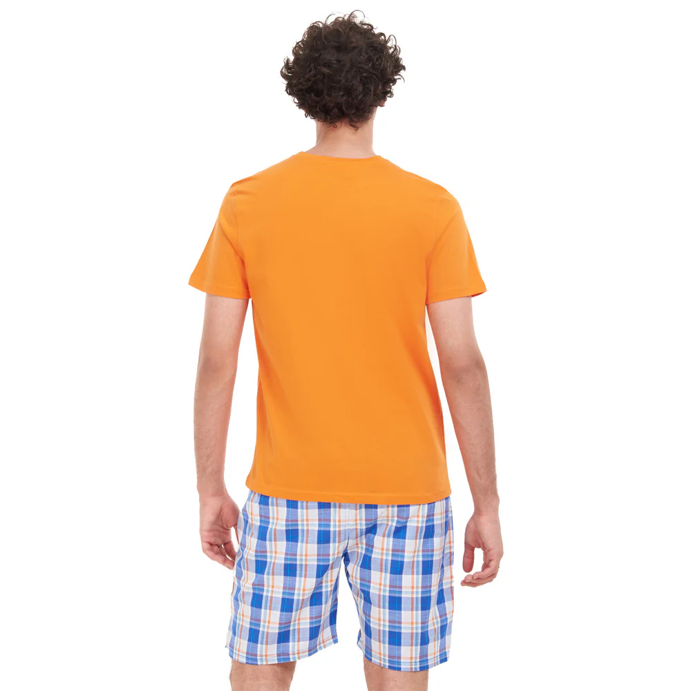 Men summer pajama set Orange T-shirt + Blue x White Checkered short - Image 5