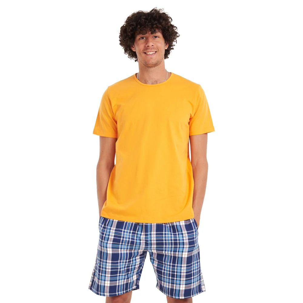 Men summer pajama set Orange T-shirt + Blue checkered shorts