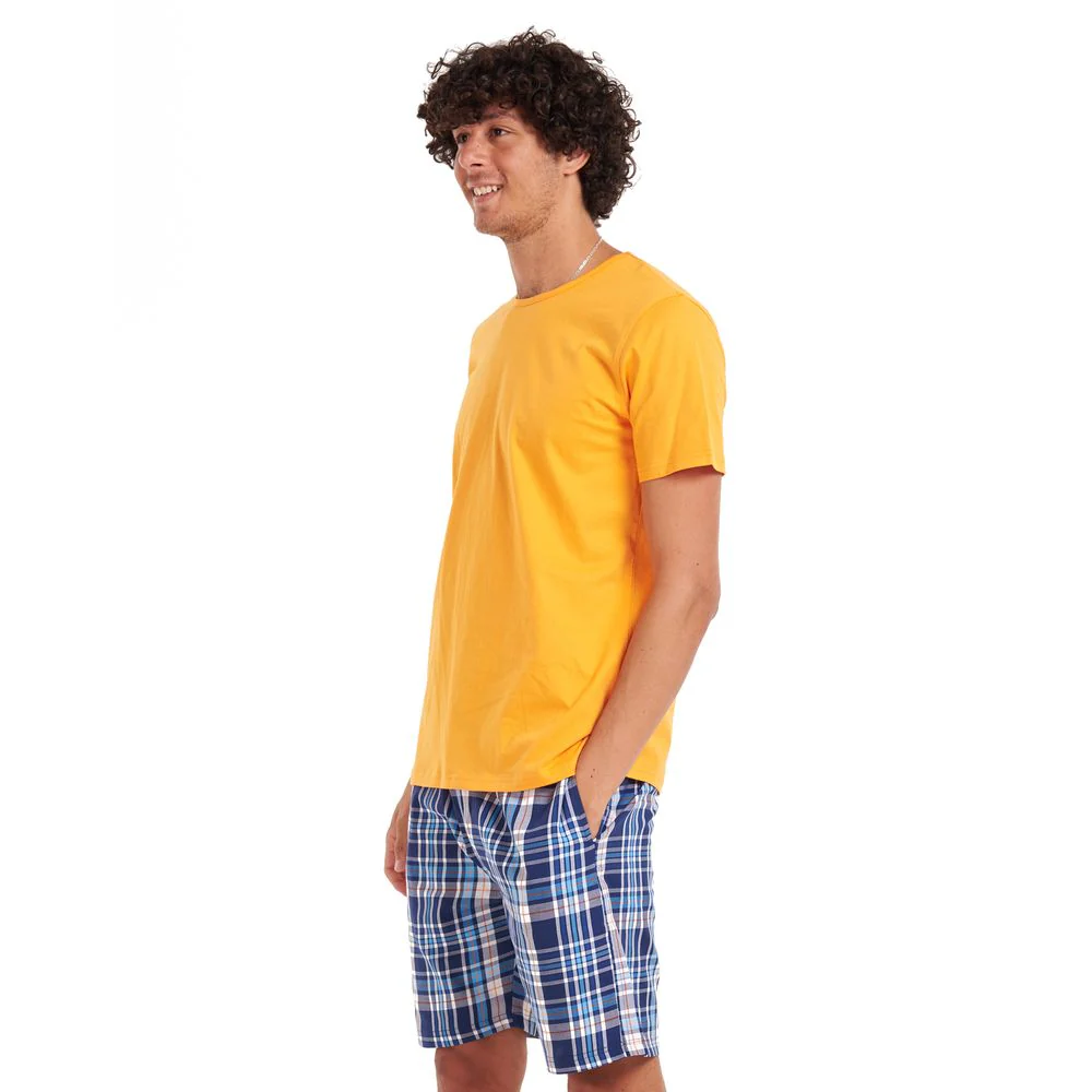 Men summer pajama set Orange T-shirt + Blue checkered shorts - Image 2