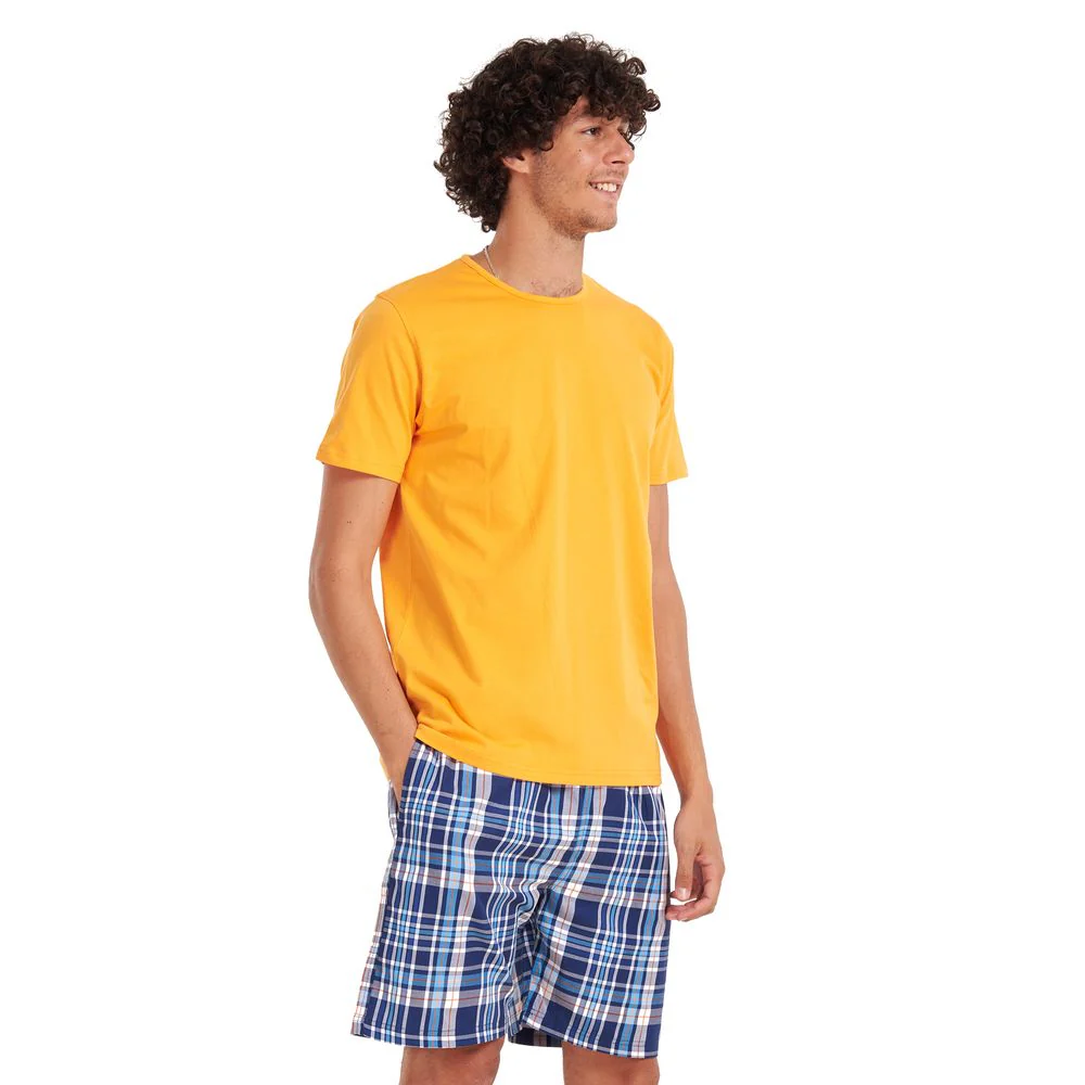 Men summer pajama set Orange T-shirt + Blue checkered shorts - Image 3