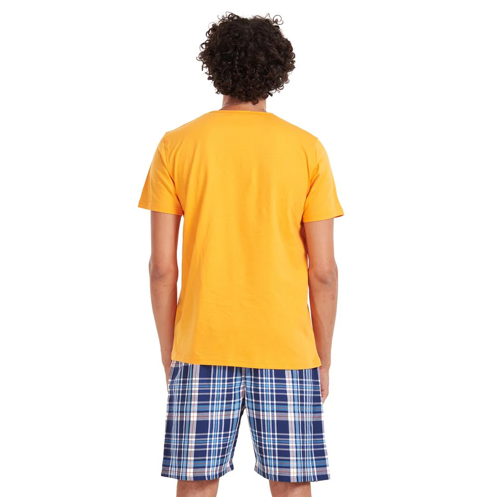 Men summer pajama set Orange T-shirt + Blue checkered shorts - Image 4