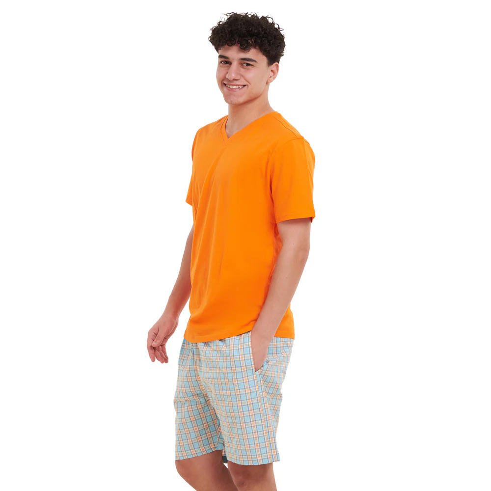 Men summer pajama set Orange T-shirt + Orange x Aqua Checkered short - Image 2