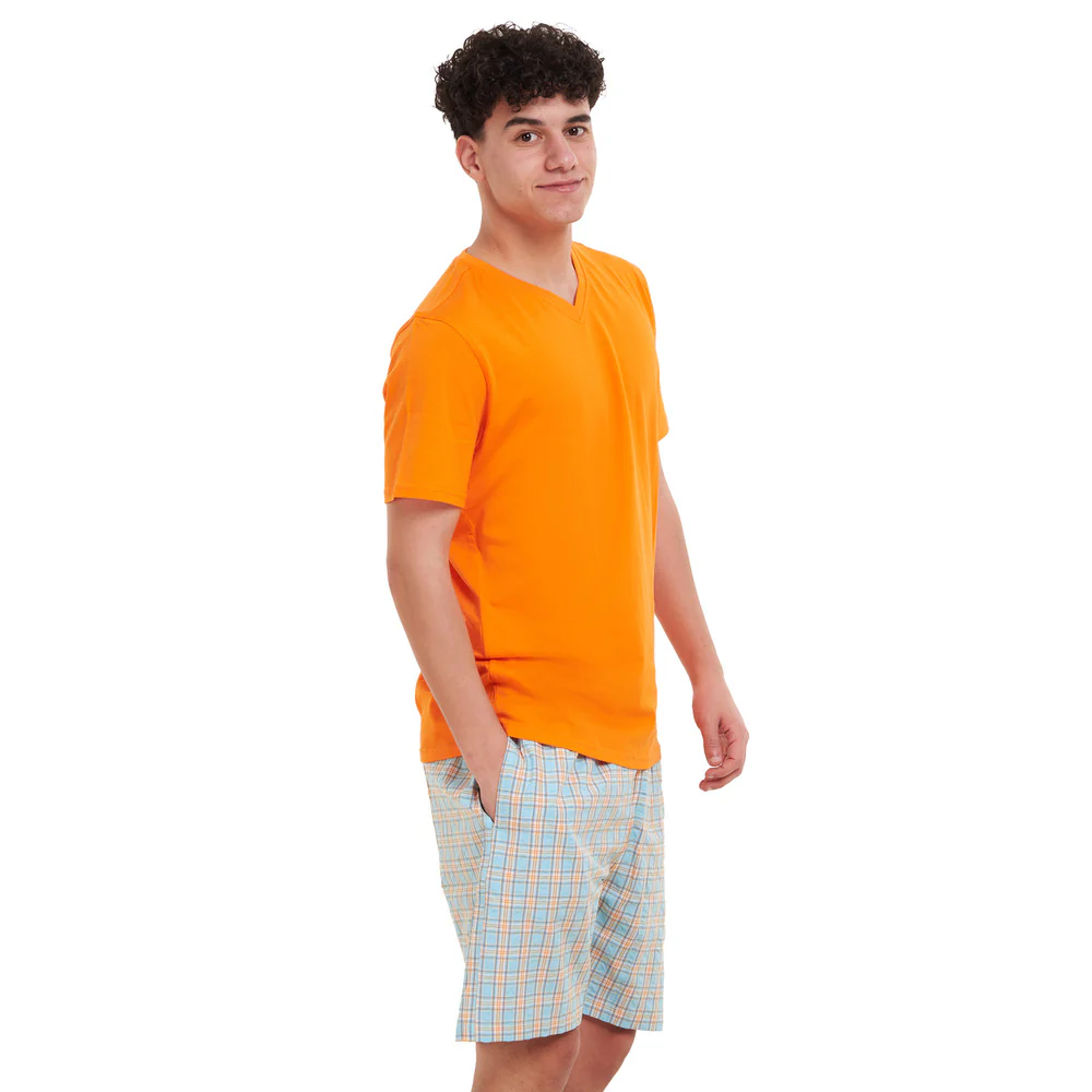 Men summer pajama set Orange T-shirt + Orange x Aqua Checkered short - Image 3