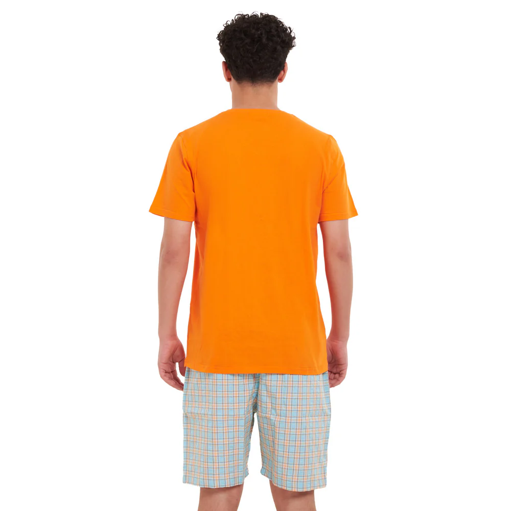 Men summer pajama set Orange T-shirt + Orange x Aqua Checkered short - Image 4
