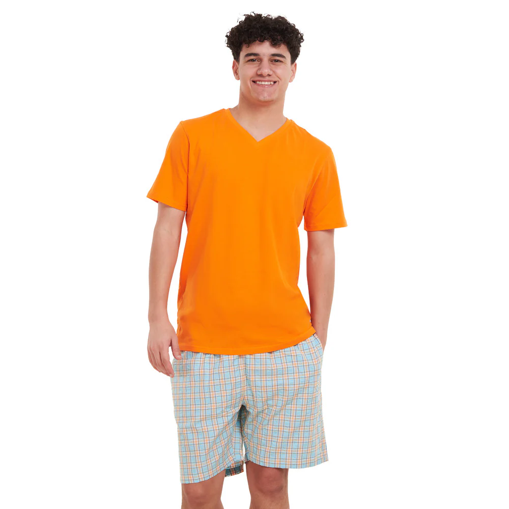 Men summer pajama set Orange T-shirt + Orange x Aqua Checkered short - Image 5