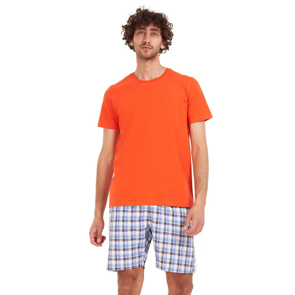 Men summer pajama set Orange T-shirt + White x Yellow checkered short - Image 2