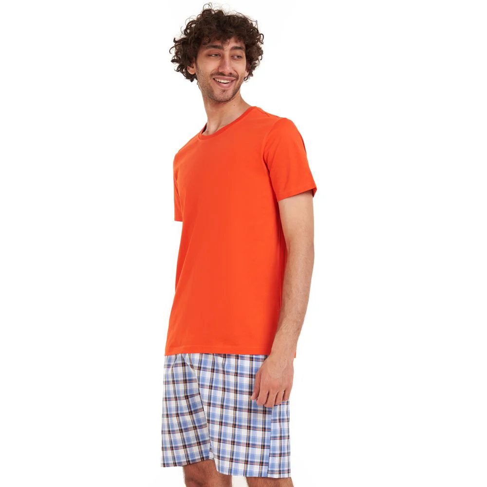 Men summer pajama set Orange T-shirt + White x Yellow checkered short - Image 3