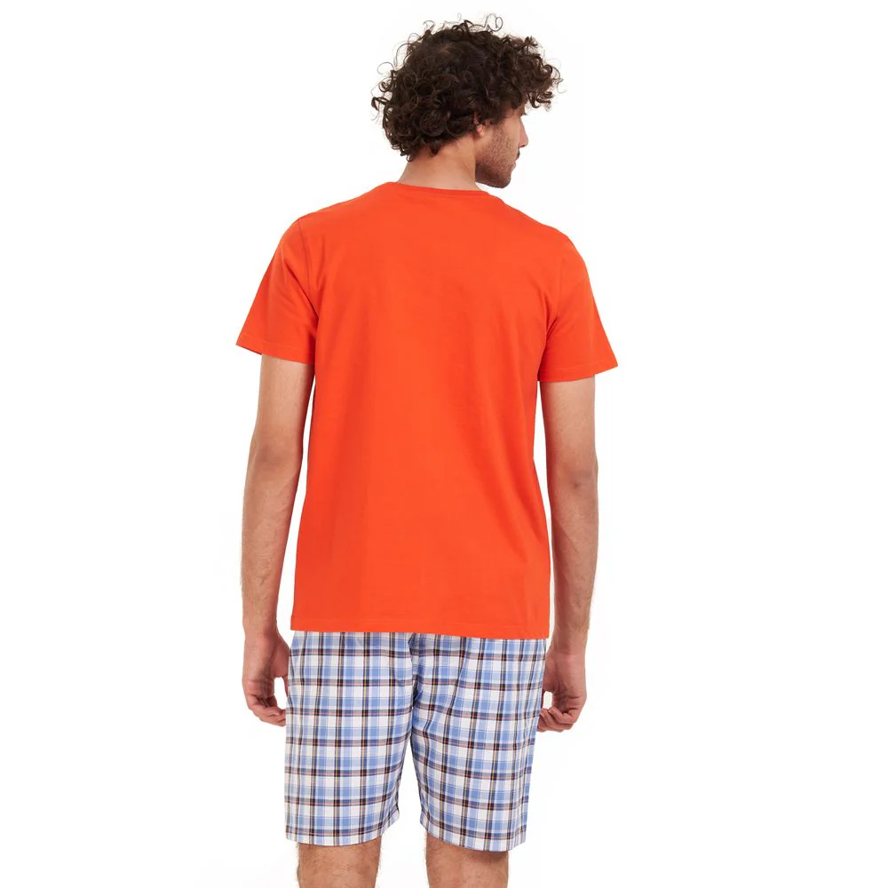 Men summer pajama set Orange T-shirt + White x Yellow checkered short - Image 4