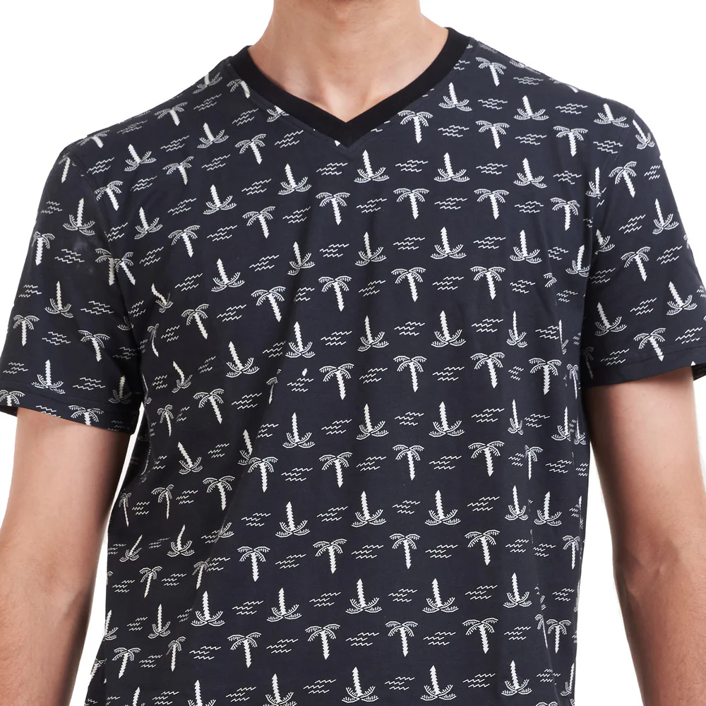 Men summer pajama set Palm Trees T-shirt + Black pants - Image 2