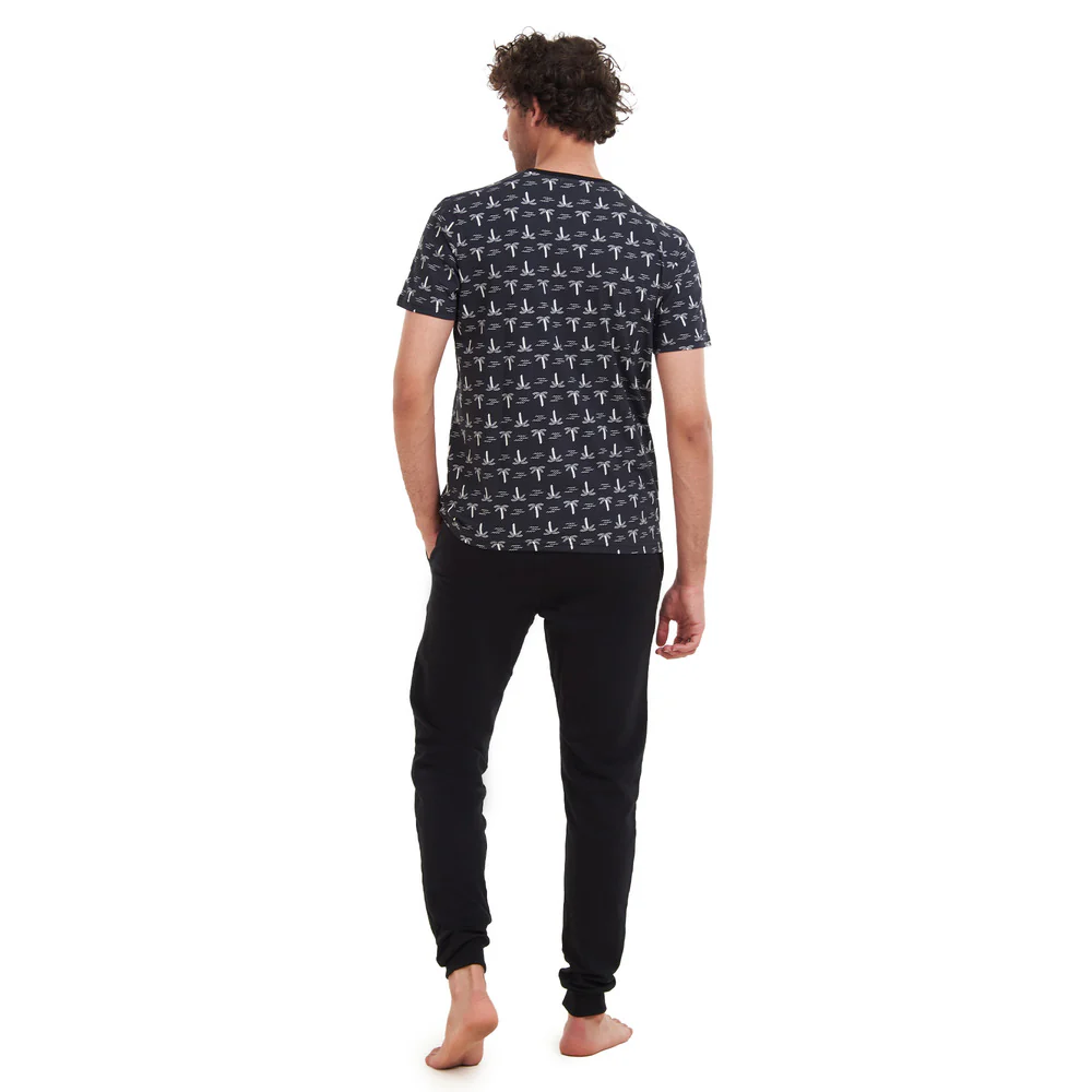 Men summer pajama set Palm Trees T-shirt + Black pants - Image 3