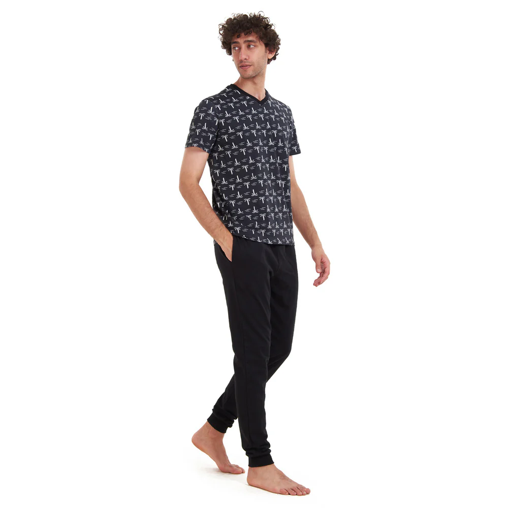 Men summer pajama set Palm Trees T-shirt + Black pants - Image 4