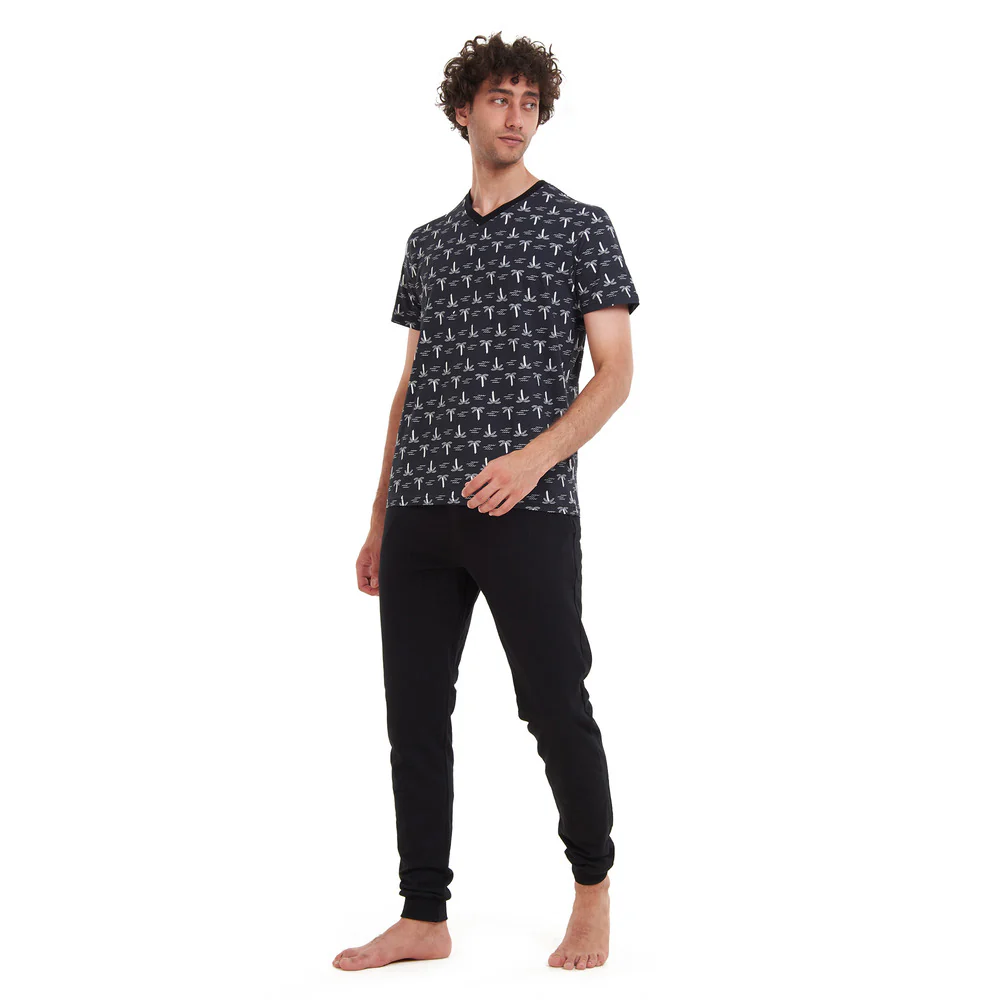 Men summer pajama set Palm Trees T-shirt + Black pants - Image 5