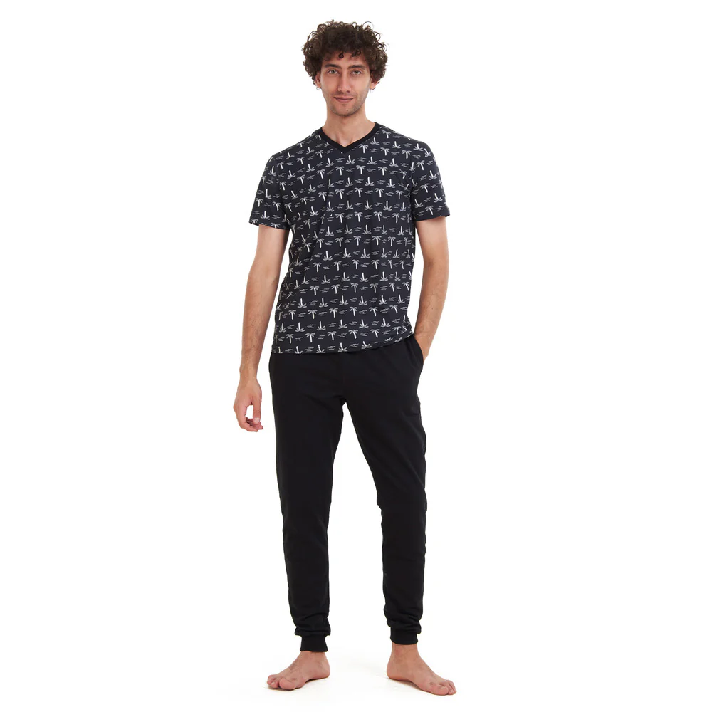 Men summer pajama set Palm Trees T-shirt + Black pants - Image 6