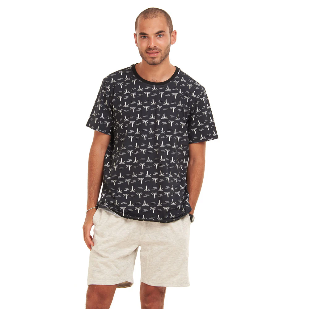 Men summer pajama set Palm trees T-shirt +Grey shorts - Image 2