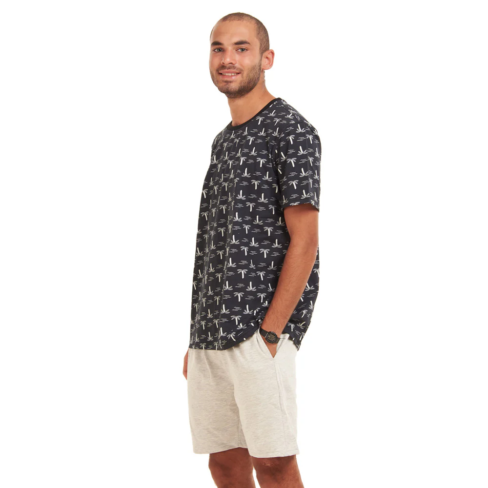 Men summer pajama set Palm trees T-shirt +Grey shorts - Image 4