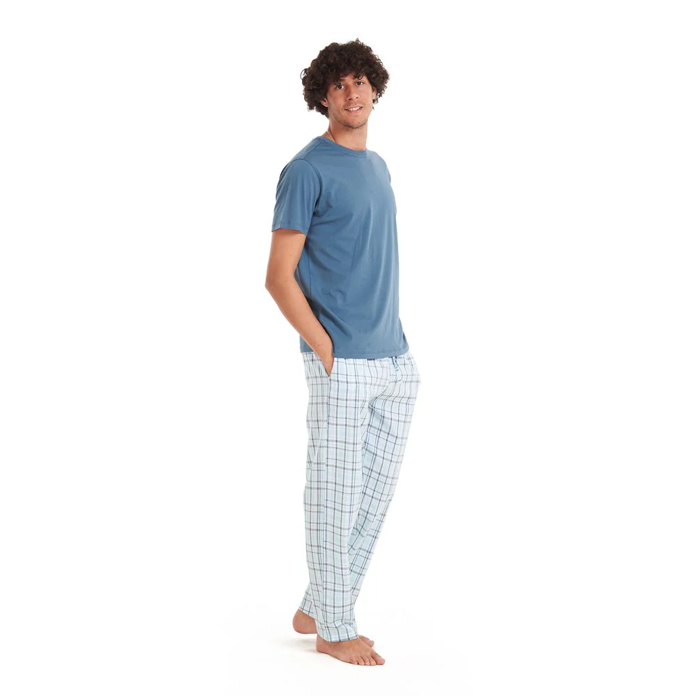 Men summer pajama set Petroleum T-shirt + Light Blue checkered pants - Image 2