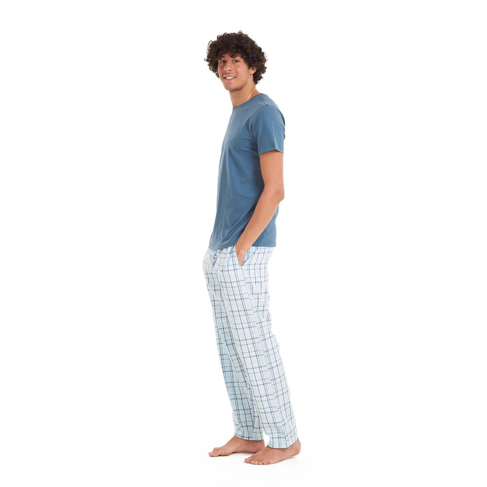 Men summer pajama set Petroleum T-shirt + Light Blue checkered pants - Image 3