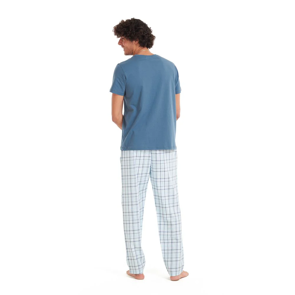 Men summer pajama set Petroleum T-shirt + Light Blue checkered pants - Image 4