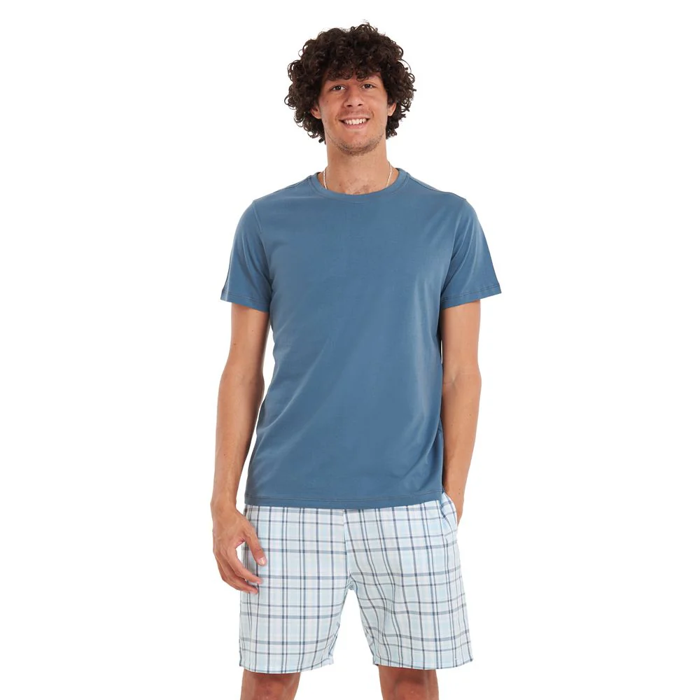 Men summer pajama set Petroleum T-shirt + Light Blue checkered shorts