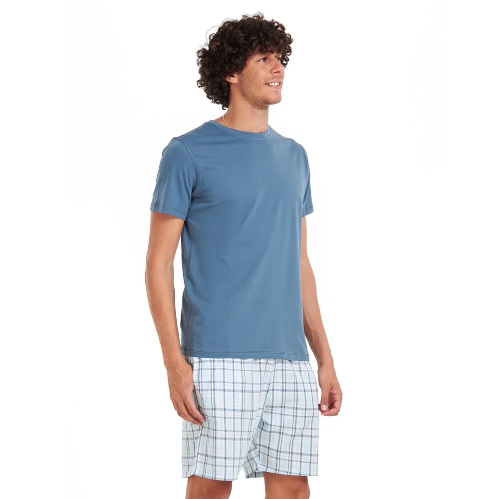 Men summer pajama set Petroleum T-shirt + Light Blue checkered shorts - Image 2