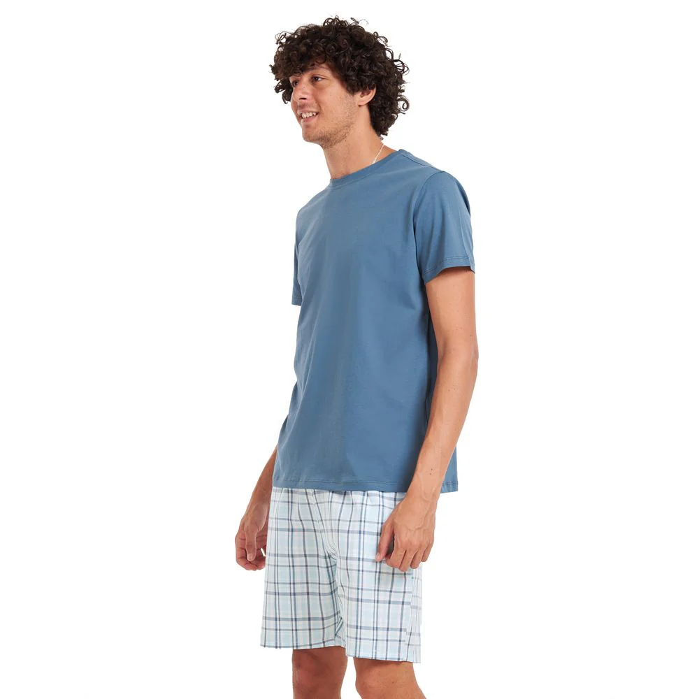 Men summer pajama set Petroleum T-shirt + Light Blue checkered shorts - Image 3